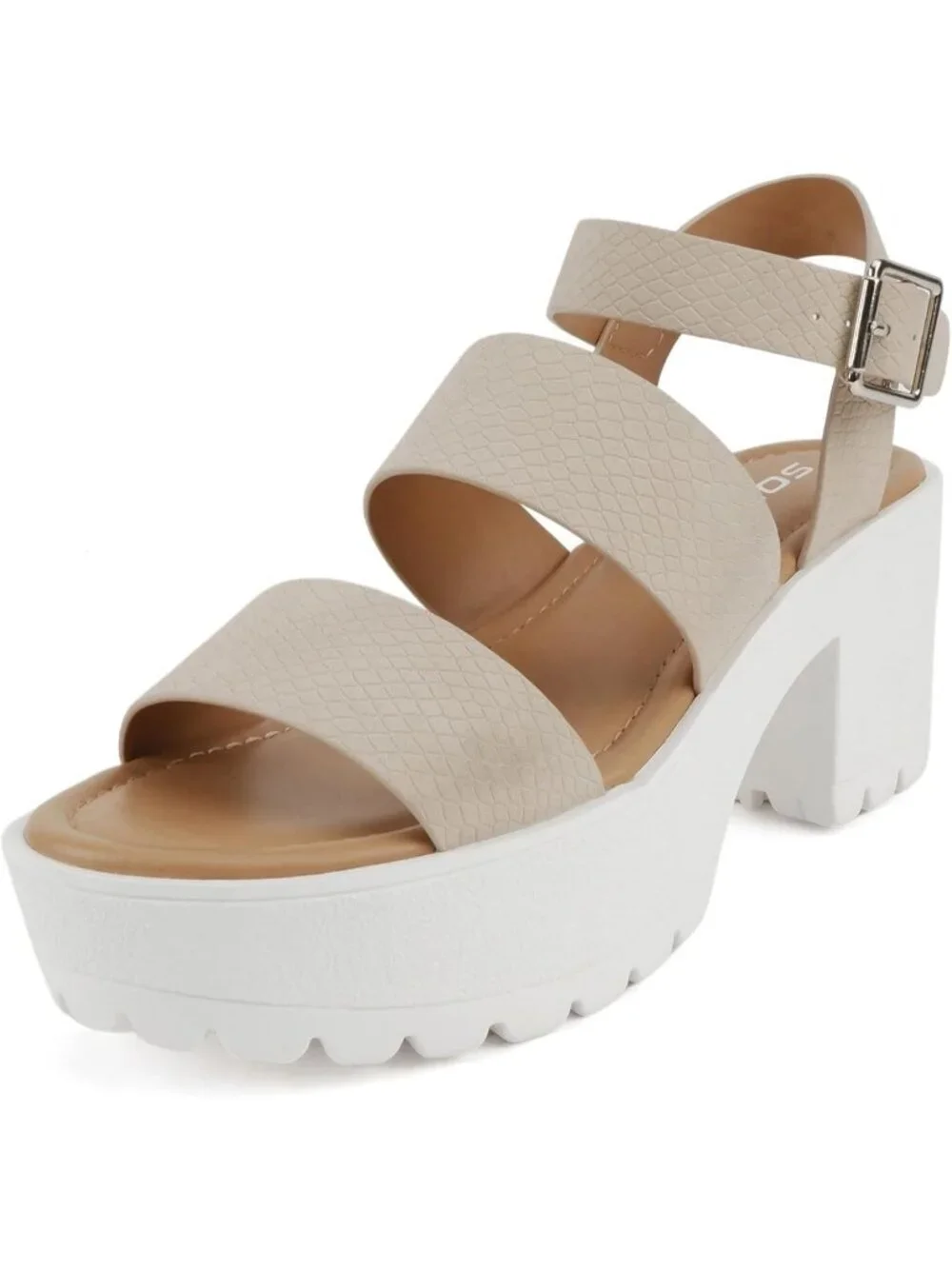 Women Nude Cobra Two Bands Lug Sole Open Toe Adjustable Block Heel Sandal Shoes
